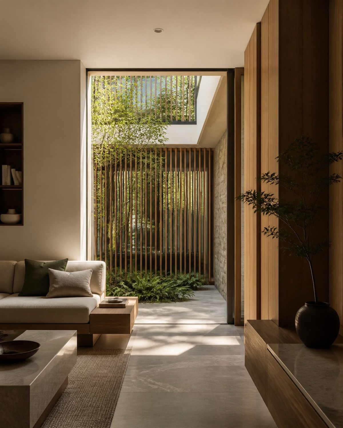 Modern residential interior with courtyard light